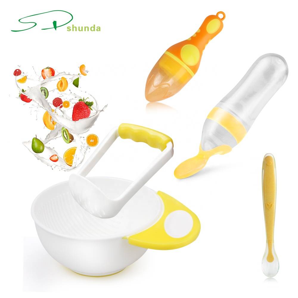 Factory Wholesale Baby Feeding Accessory Baby Food Masher Bowl Silicone Baby Food Bottles With Spoon Set